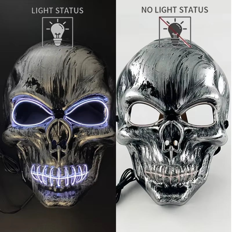 LED Halloween Skull Mask Party Supply Horror Skeleton Head Flashing in the Dark Night Scary Mask Halloween Shock Face for Adult