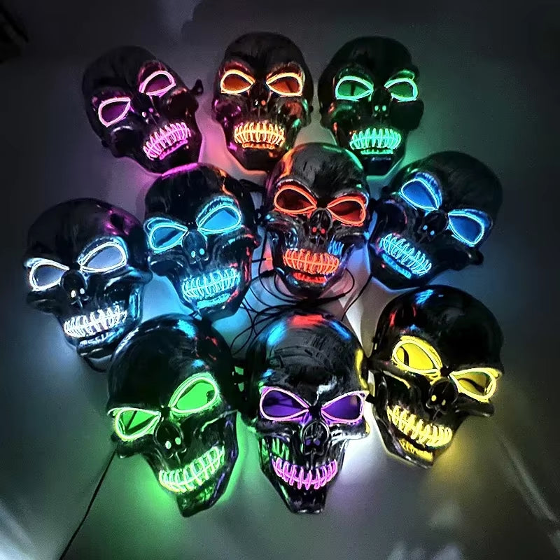 LED Halloween Skull Mask Party Supply Horror Skeleton Head Flashing in the Dark Night Scary Mask Halloween Shock Face for Adult